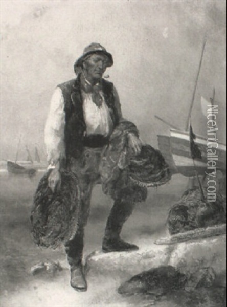 A Fisherman Bringing In The Nets And Pots Oil Painting - Thomas Chambers