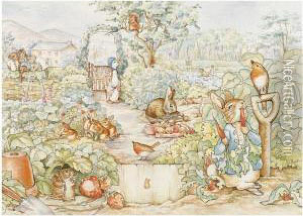Six Watercolour Scenes Using Beatrix Potter Characters. Oil Painting - Helen Beatrix Potter