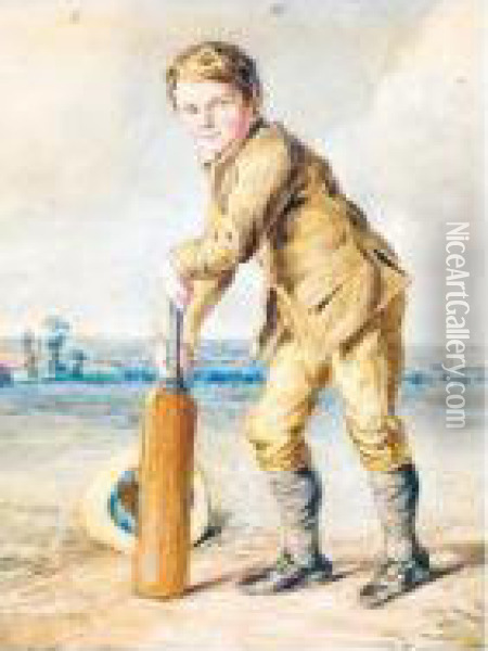 A Boy Playing Cricket Oil Painting - Octavius Oakley