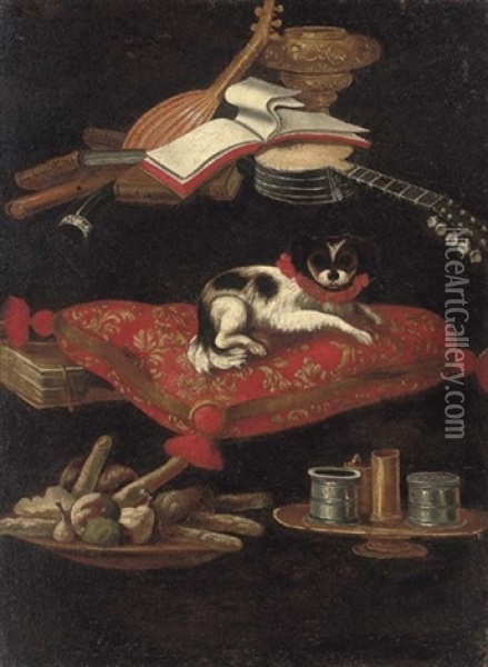 A Spaniel On An Embroidered Cushion With A Plate Of Sweetmeats, Condiments, Books And Musical Instruments Oil Painting - Pier Francesco Cittadini