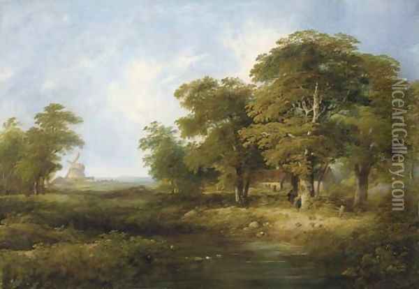 Figures by a cottage in a wooded landscape, a windmill beyond Oil Painting - William Henry Crome