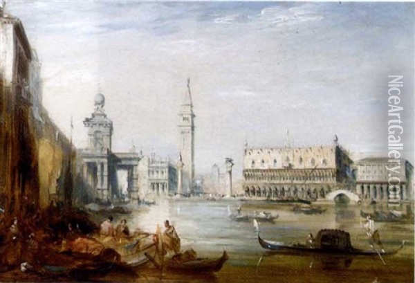 The Grand Canal And The Doges Palace With Figures On The Quay In The Foreground Oil Painting - Edward Pritchett