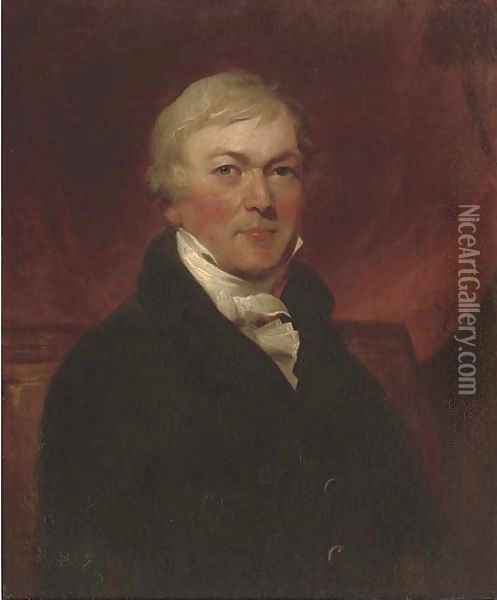 Portrait of a gentleman, half-length, in a black coat and white cravat Oil Painting - John Hoppner
