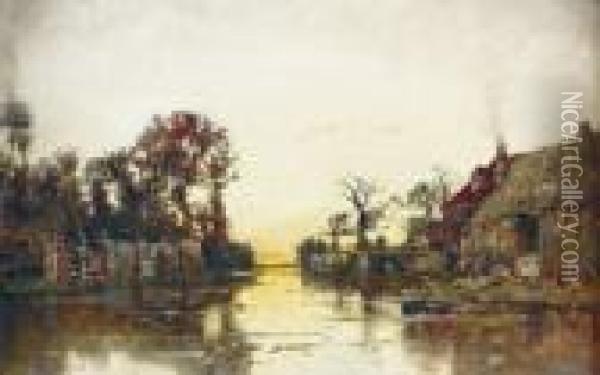 Abendliche Flussuferpartie. Oil Painting - Karl Heffner