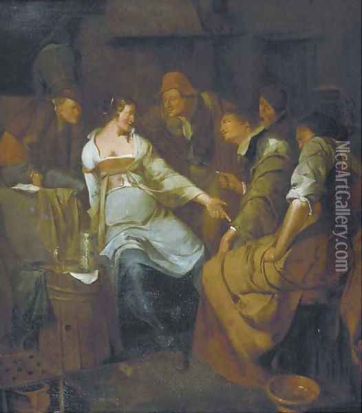 A young courtesan with other figures making merry in an inn Oil Painting - Jacob Van Ochtervelt