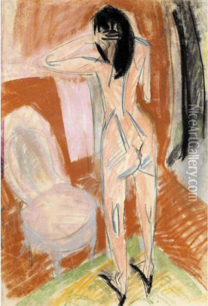 Akt Beim Stuhl (nude With Chair) Oil Painting - Ernst Ludwig Kirchner