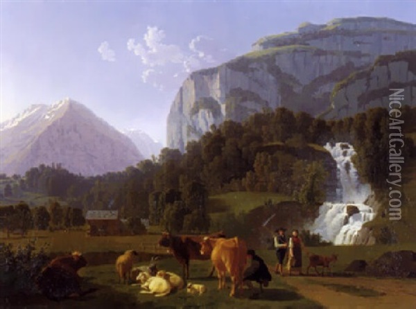 Balm Bei Meiringen Mit Dem Reichenbachfall Oil Painting - Johann Jakob Biedermann