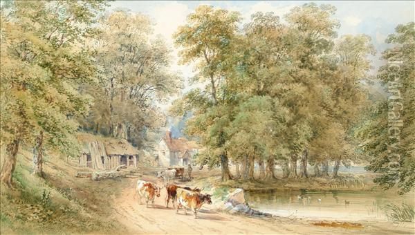 Countryroad With Cattle Crossing A Bridge; The Village Pond, Possiblywidmore, Kent Each Oil Painting - Thomas James Soper