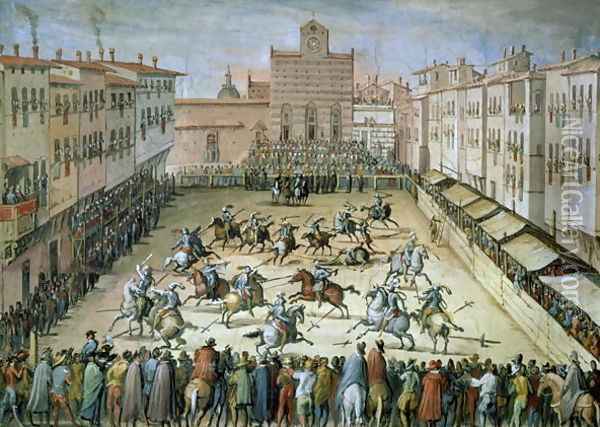 The Joust in the Piazza Santa Croce, Florence, 1555 Oil Painting - Giovanni Stradano