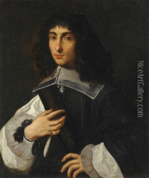 Portrait Of A Young Man, Half Length, Wearing A Black Tunic Over A White Shirt Oil Painting - Sebastien Bourdon