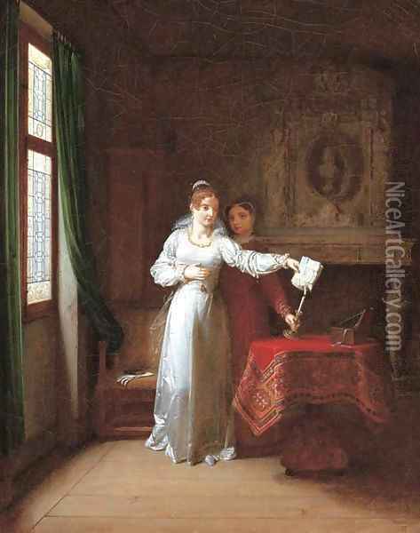 A lady burning letters in an elegant interior Oil Painting - Jean-Baptiste Mallet