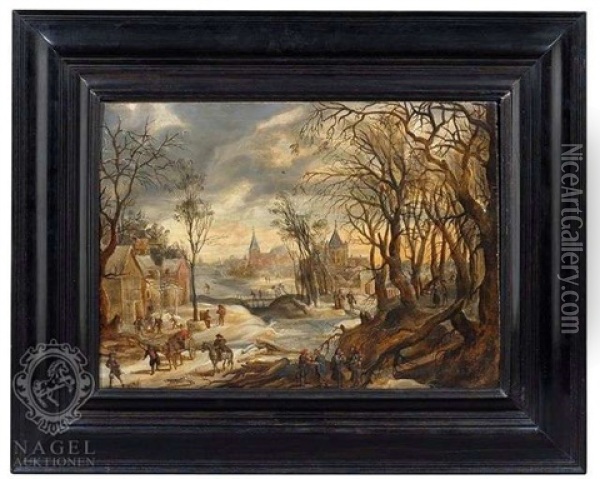 Winterlandschaft Mit Einem Dorf Und Zahlreichen Figuren Oil Painting - Joos de Momper the Younger