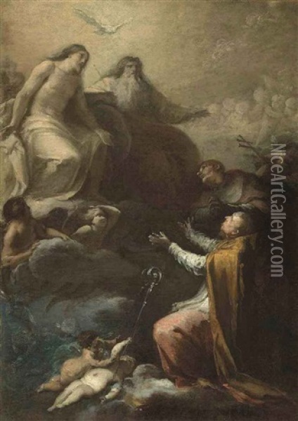 The Holy Trinity Appearing Before Saints Gregory Barbarigo And Carlo Borromeo Oil Painting - Nicolo Lapiccola