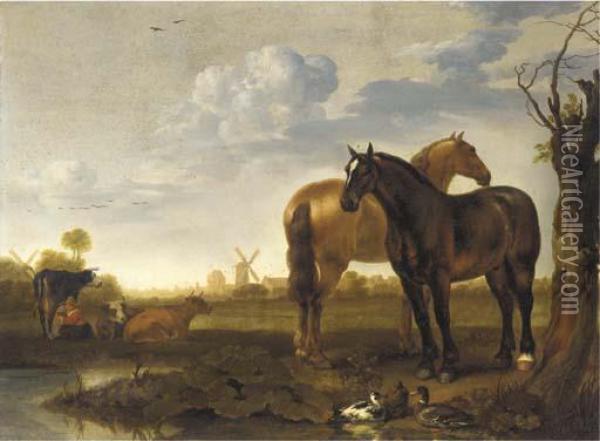 Two Horses And A Milkmaid With Cows In A Landscape With A Pond, A View Of A City Beyond Oil Painting - Abraham Van Calraet
