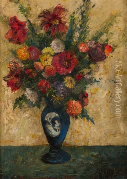 Still Life Of Flowers In A Blue Vase, 1930 Oil Painting - Simkha Simkhovitch