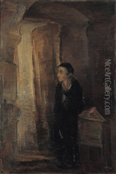 Synagogue's Interior With A Young Boy Oil Painting - Josef Budko