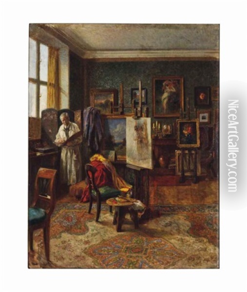 The Artist In His Studio Oil Painting - Robert Scheffer