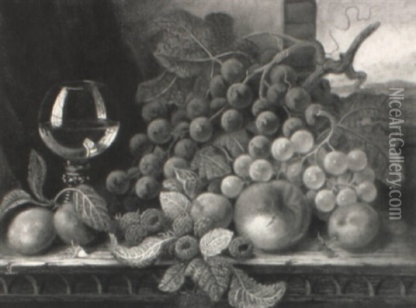 Still Life Of Fruit And Roemer On A Ledge Before A Window Oil Painting - Edward Ladell