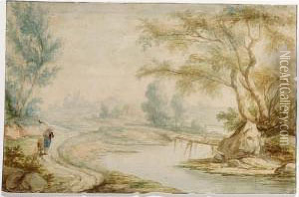 Wooded River Landscape With A Man And Child On A Path To The Left Oil Painting - Adriaen Frans Boudewijns