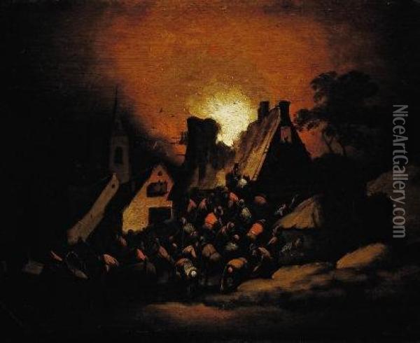 Incendio In Un Villaggio Di Notte Oil Painting - Egbert van der Poel