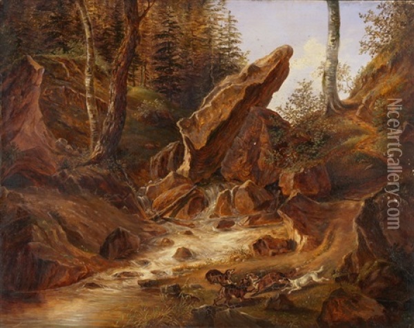 Wildbach Mit Jagdmeute Oil Painting - Eduard Rahn-Hirzel