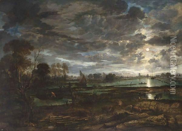 An Extensive River Landscape By Moonlight With Fishermen And Cows In The Foreground Oil Painting - Aert van der Neer