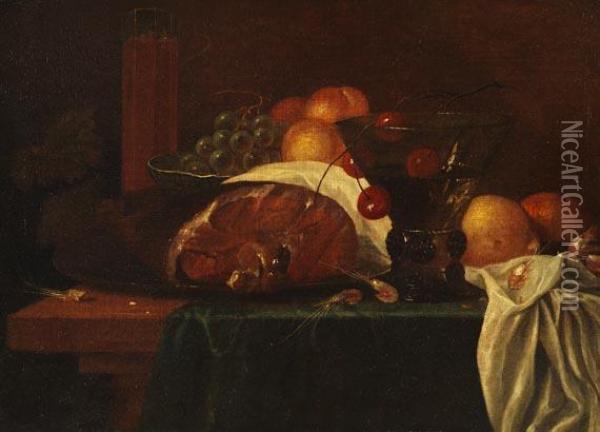 Stillleben Mit Schinken, Fruchten, Bier- Und Weinglas Oil Painting - Cornelis De Heem