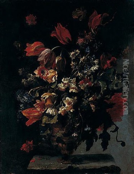 A Still Life Of Narcissi, Dafodils, Clemantis, Tulips, Carnations And Other Flowers In An Ornamental Vase On A Stone Pedestal Oil Painting - Paolo Porpora