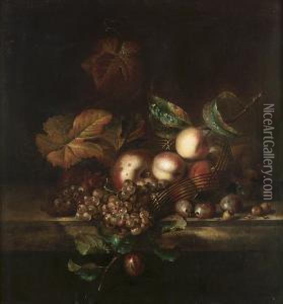 Peaches And Apples In An Upturned Basket With Grapes And Plums On A Marble Ledge Oil Painting - Willem Frederik van Royen
