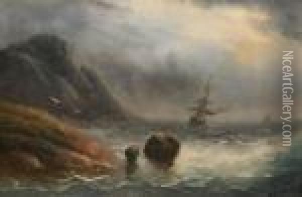 Ships In Storm Near Rocky Coast Oil Painting - Ivan Konstantinovich Aivazovsky