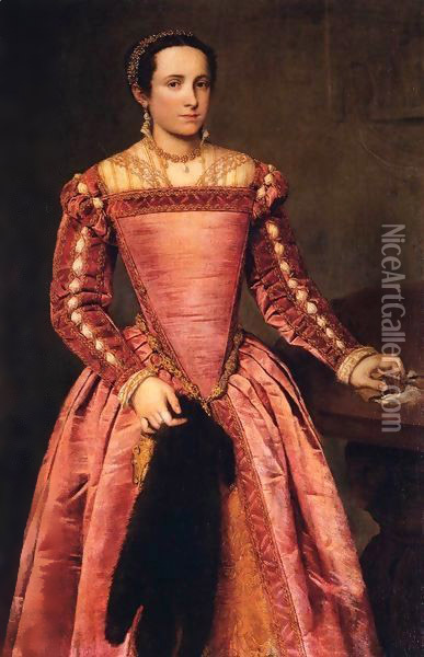 Woman in a Red Dress Oil Painting - Giovanni Battista Moroni
