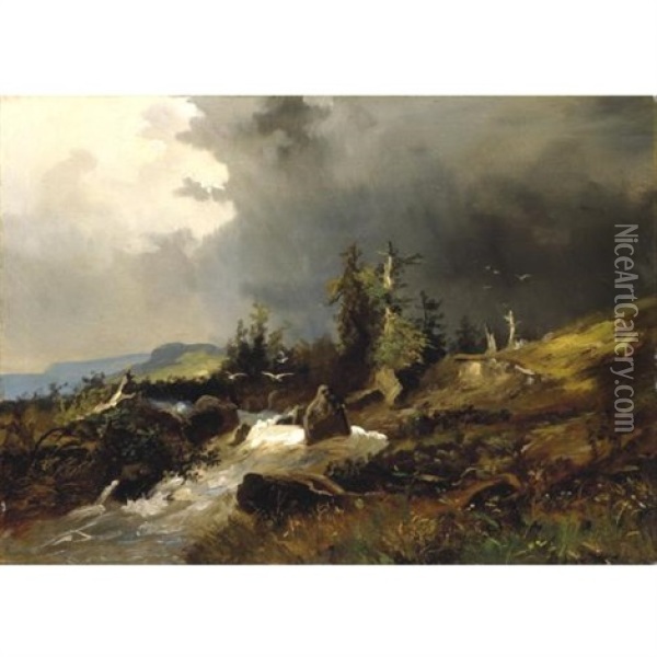 A Stream Running Through A Mountainous Landscape Oil Painting - Alexandre Calame