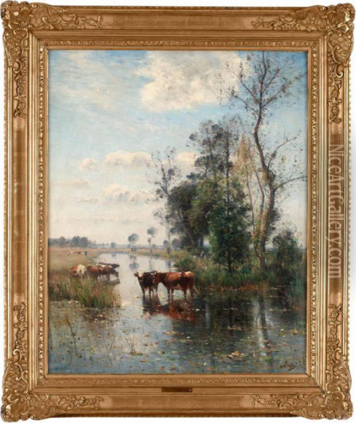 Kor I Vattendrankt Landskap Oil Painting - Louis-Aime Japy