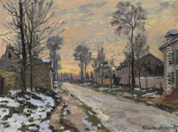 Route A Louveciennes, Neige Fondante, Soleil Couchant Oil Painting - Claude Monet