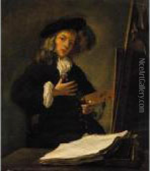 Portrait Of An Artist At His Easel Oil Painting - Gabriel Metsu