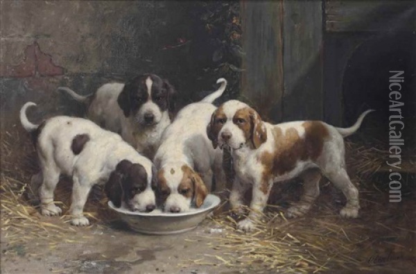Saint Bernard Puppies Drinking Milk Oil Painting - Otto Eerelman