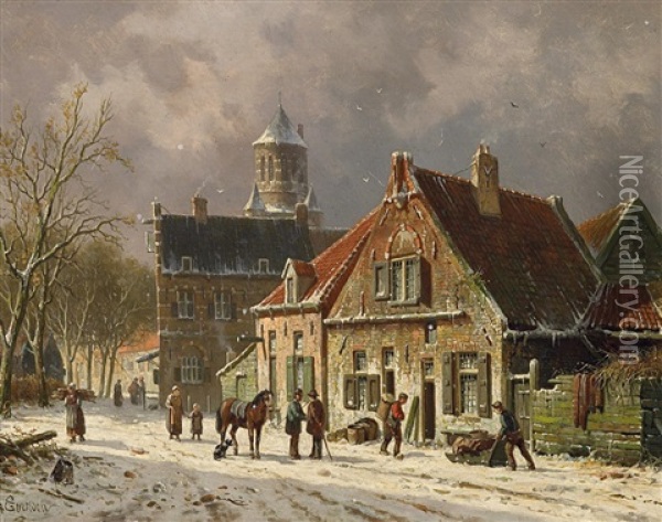 Winterliche Dorfstrase In Holland Oil Painting - Adrianus Eversen