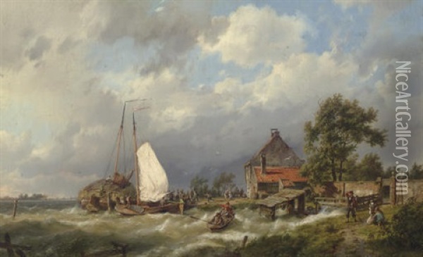 Boats Docking In An Estuary Oil Painting - Hermanus Koekkoek the Elder