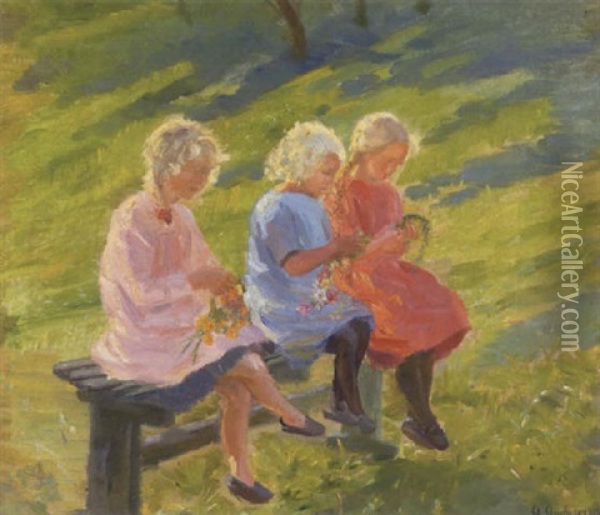 Tre Piger, Der Fletter Blomsterkrane Pa En Baenk I Haven Oil Painting - Anna Kirstine Ancher