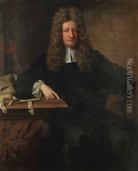 Portrait of Sir John Holt (1642-1710), Lord Chief Justice of the King's bench, seated three-quarter-length, in a black coat, resting his arm on table Oil Painting - Jonathan Richardson