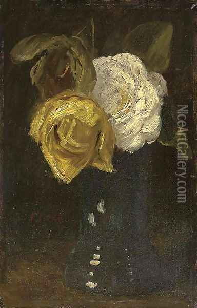 A white and yellow rose in a blue vase Oil Painting - Sientje Mesdag Van Houten