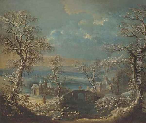 A wooded river landscape in winter with travellers Oil Painting - Johann Christian Vollerdt or Vollaert