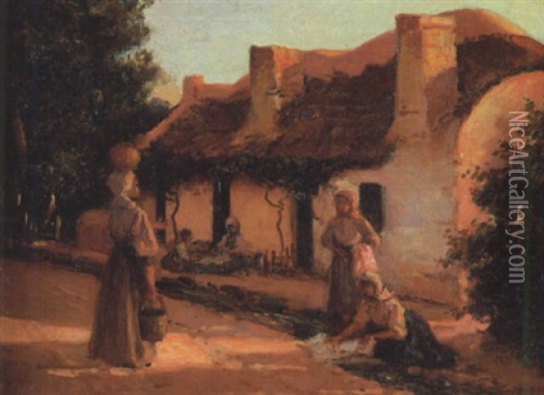 Figures Outside A Cottage Oil Painting - Pieter Hugo Naude
