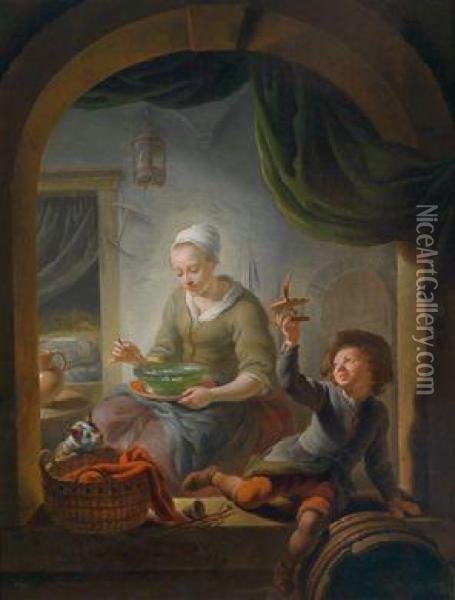 Interieur Mit Einerjungen Frau Und Einem Knaben Mit Einer Mausefalle Oil Painting - Louis de Moni