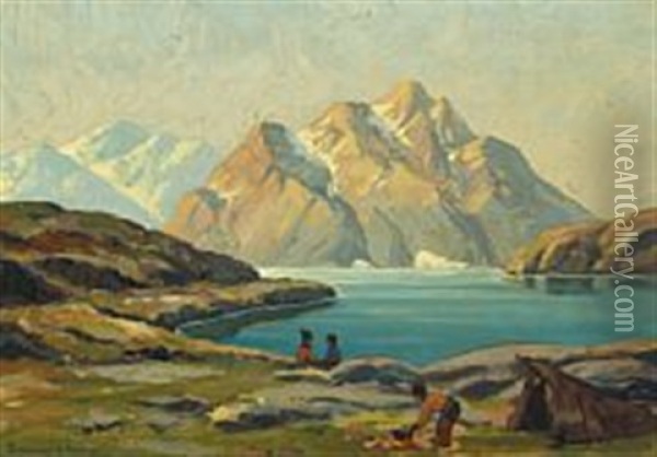 Fiord Scene With Inuit Camp Oil Painting - Emanuel A. Petersen