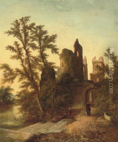 Figures Before A Ruined Castle, Beside A River Oil Painting - Walter Williams