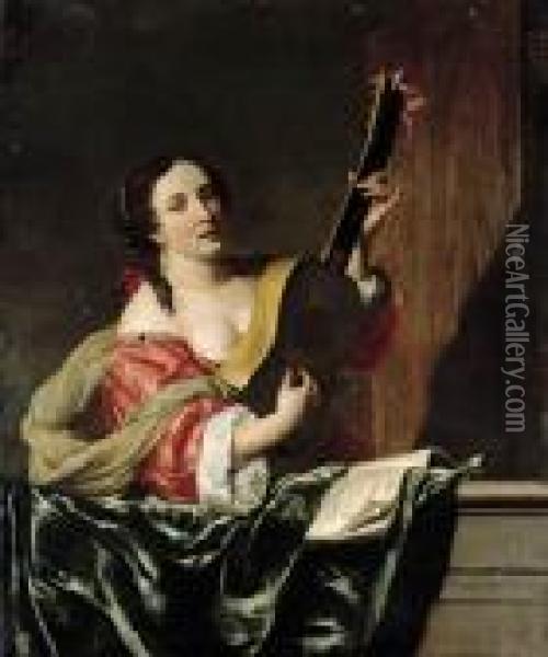 A Lady Playing A Guitar On A Balcony Oil Painting - Johannes Bronkhorst
