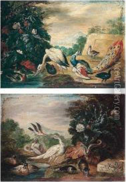 Landscapes With A Peacock, Turkey, Pheasant, Duck, Jay, Guinea Pigs, A Snake And A Heron Oil Painting - Jan van Kessel