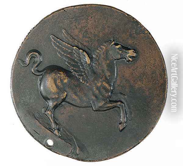 Pegasus on the fountain Hippocrene (reverse of a coin) Oil Painting - Benvenuto Cellini