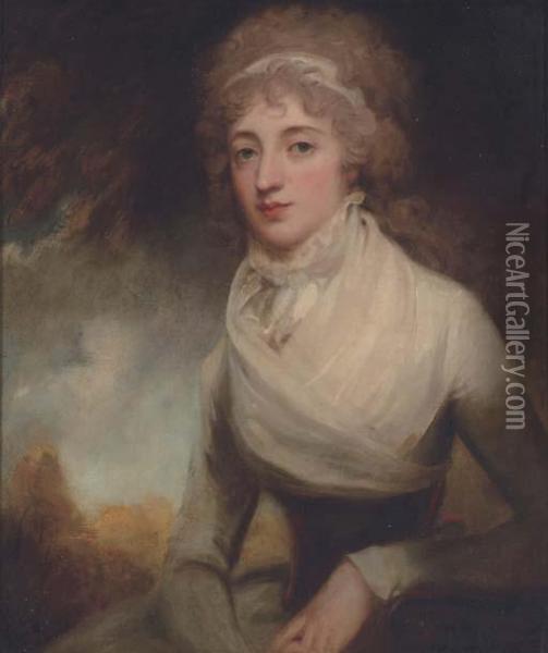 Portrait Of A Lady In A White Dress, Half Length, Seated In Alandscape Oil Painting - George Romney